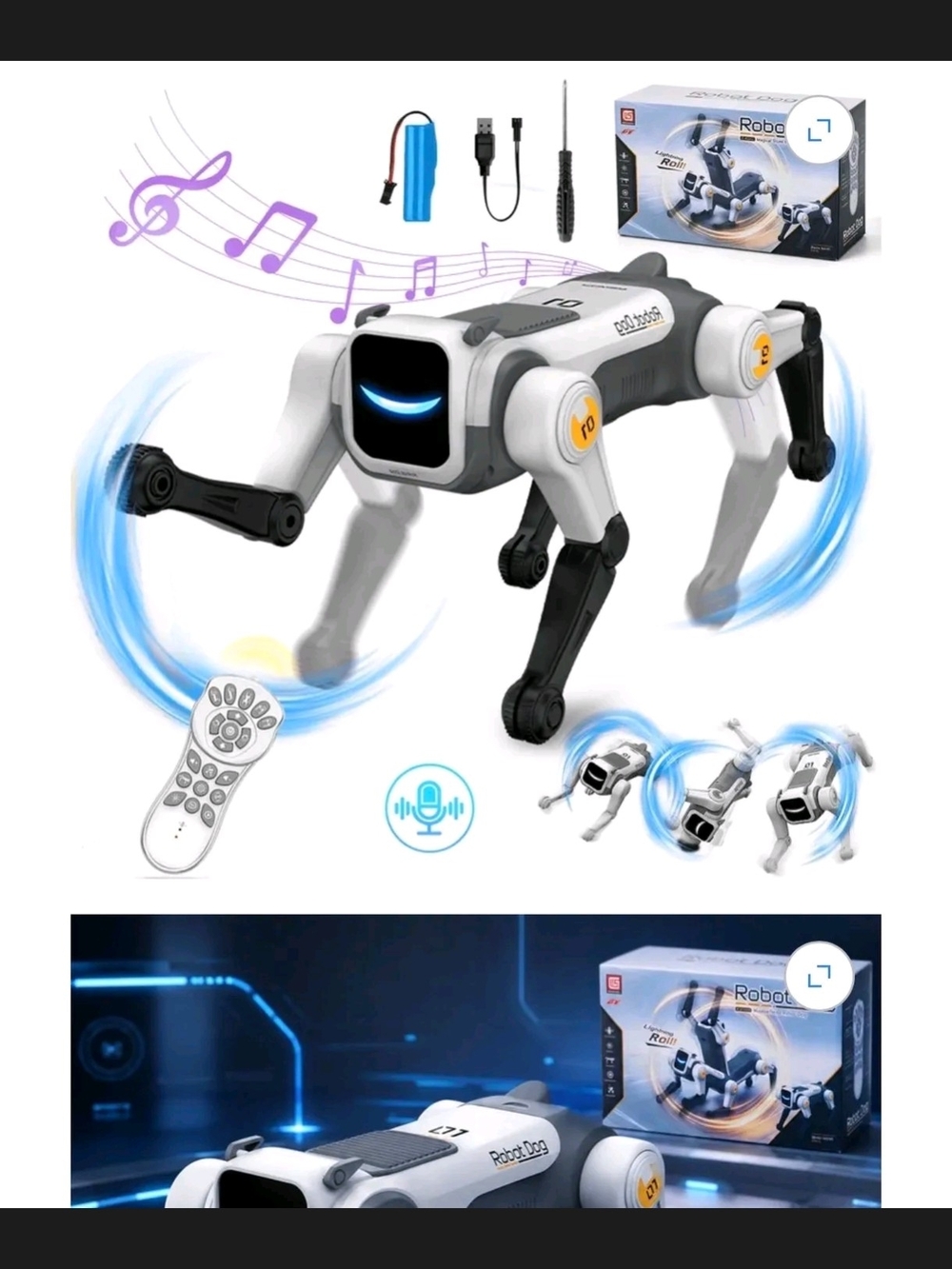 (2 Pack) Robotic Dog Toy - Interactive White and Black Kids Robot by